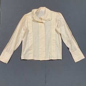 VTG Rare Womens Cream Lace Trim Pleated Long Sleeve Button Up Shirt Size 14 Poor